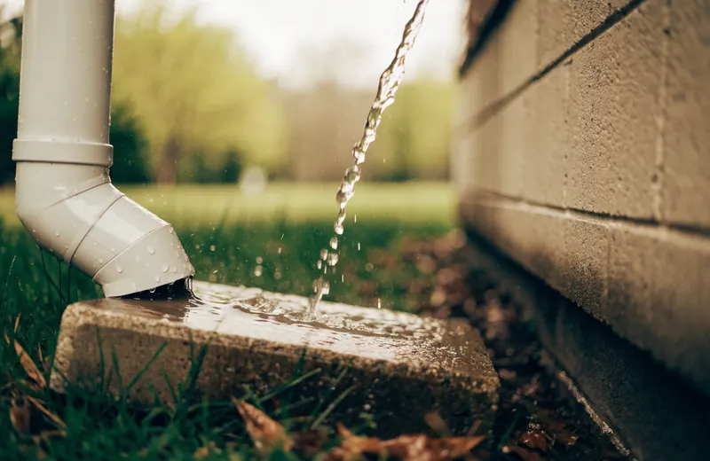 Rain pouring from a downspout onto a splash block during a spring shower