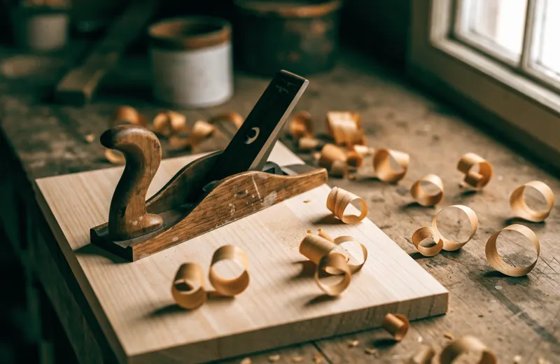 A hand plane resting on a pine board with curled wood shavings on a workbench A hand plane resting on a pine board with curled wood shavings on a workbench