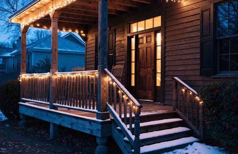 Warm string lights outlining a front porch railing at dusk in December with light snow Warm string lights outlining a front porch railing at dusk in December with light snow