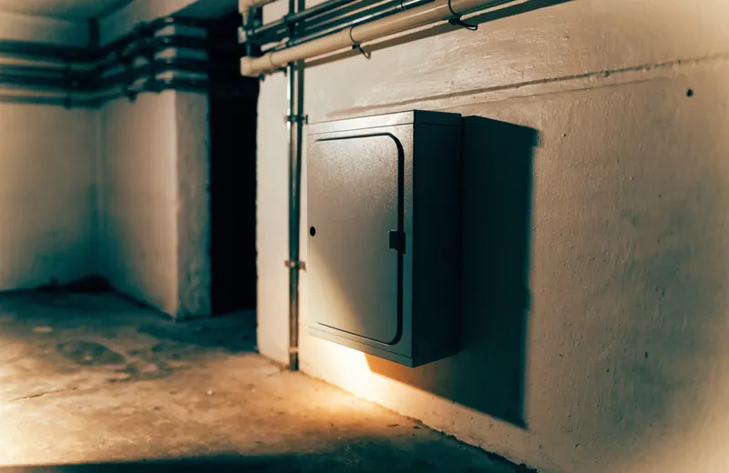 A gray electrical service panel with its door closed on a basement wall A gray electrical service panel with its door closed on a basement wall, lit by a flashlight