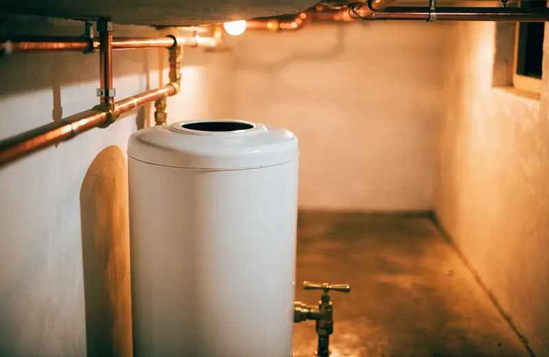 A tank water heater in a clean basement utility room with copper pipes and a drain valve near the floor