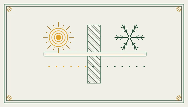 Engraved-style ornament of a long bar passing through a hatched wall between a marigold sun and a green frost star Engraved-style ornament of a long bar passing through a hatched wall between a marigold sun and a green frost star, the title plate for the frost-free sillcock explainer
