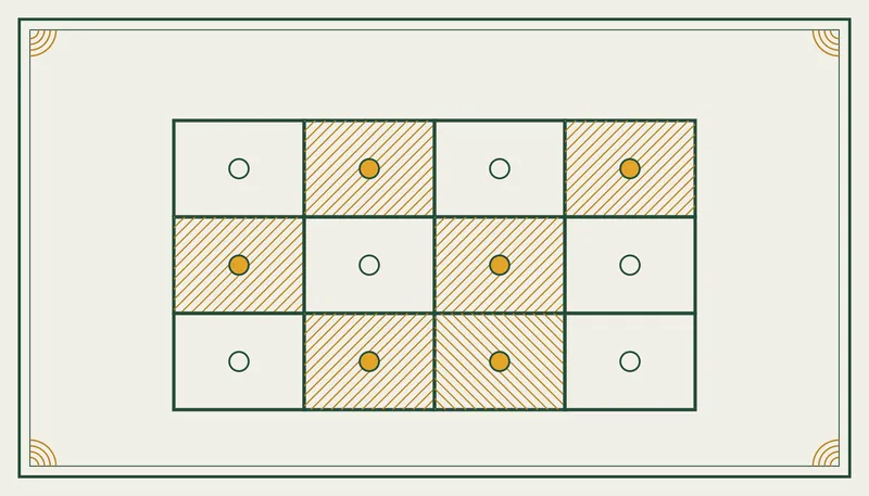 Engraved-style ornament of an abstract floor plan of hatched and open rooms in bottle green and marigold Engraved-style ornament of an abstract floor plan of hatched and open rooms in bottle green and marigold, the title plate for the GFCI and AFCI room by room explainer