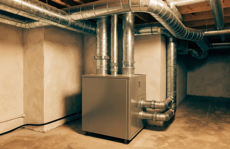 A gas furnace and water heater in a basement utility room with ductwork overhead A gas furnace and water heater in a basement utility room with ductwork overhead