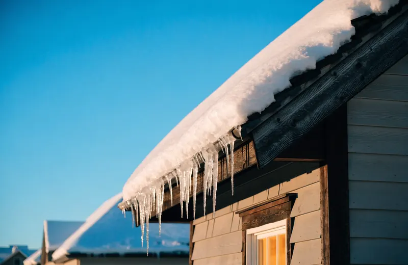 A snow-covered house roof with icicles hanging from the eaves on a cold, bright January day