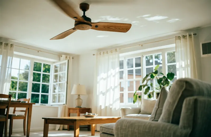 A wooden-blade ceiling fan turning in a sunlit living room with open windows