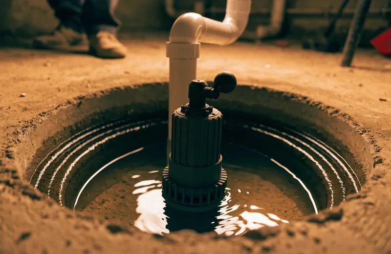 An open sump pump pit in a basement floor with the pump and float visible, lit by a work light