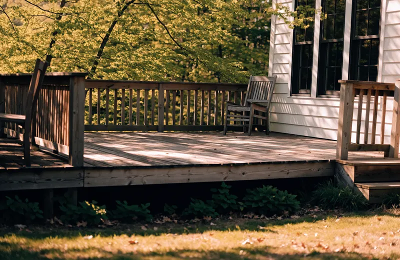 A wooden backyard deck with railings and a ledger board against the house in late spring light