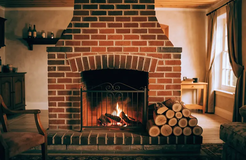 A brick fireplace with a small fire burning and split firewood stacked beside it on a November evening A brick fireplace with a small fire burning and split firewood stacked beside it on a November evening