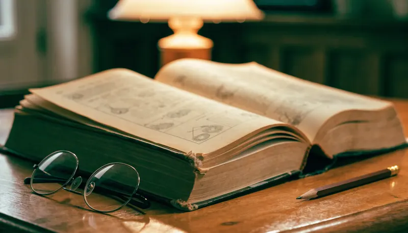 An open An open, well-worn reference book with diagrams lying on a wooden table beside reading glasses and a pencil