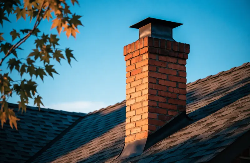 A brick chimney rising from a shingle roof against a clear early-autumn sky with a few turning leaves
