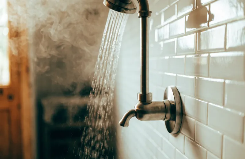 A single-handle shower valve with brushed nickel trim and water running from the showerhead A single-handle shower valve with brushed nickel trim and water running from the showerhead