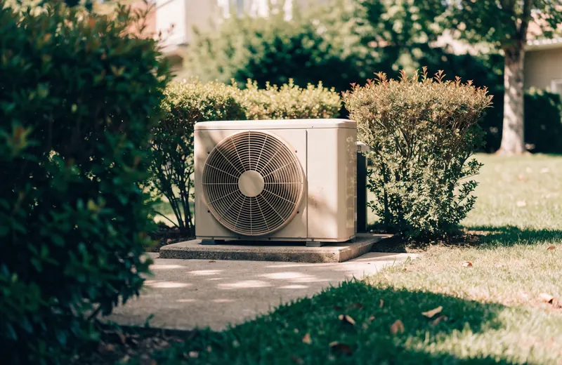 A central air conditioner condenser unit on a concrete pad in a sunny backyard with trimmed shrubs around it
