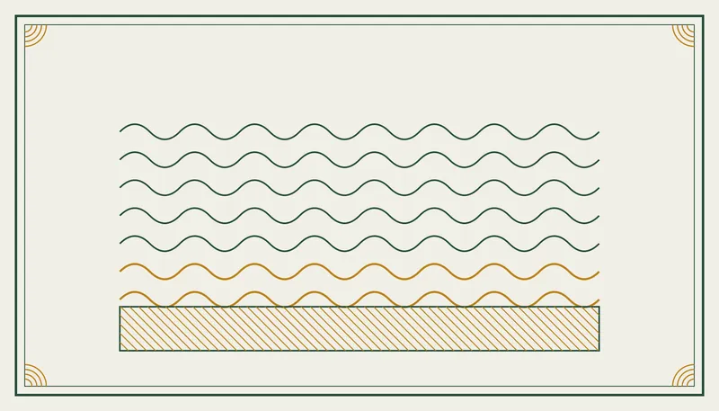 Engraved-style ornament of stacked wave bands over a hatched pit in bottle green and marigold Engraved-style ornament of stacked wave bands over a hatched pit in bottle green and marigold, the title plate for the sump pump explainer