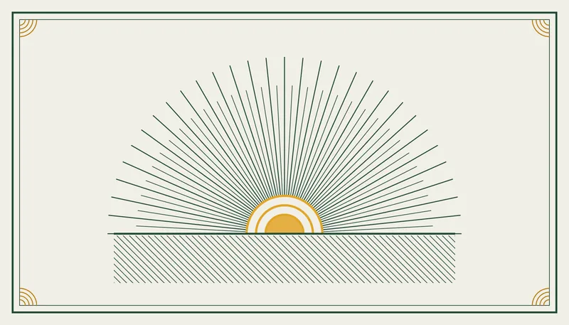 Engraved-style ornament of a sunburst over rising heat lines in bottle green and marigold Engraved-style ornament of a sunburst over rising heat lines in bottle green and marigold, the title plate for the tank water heater explainer