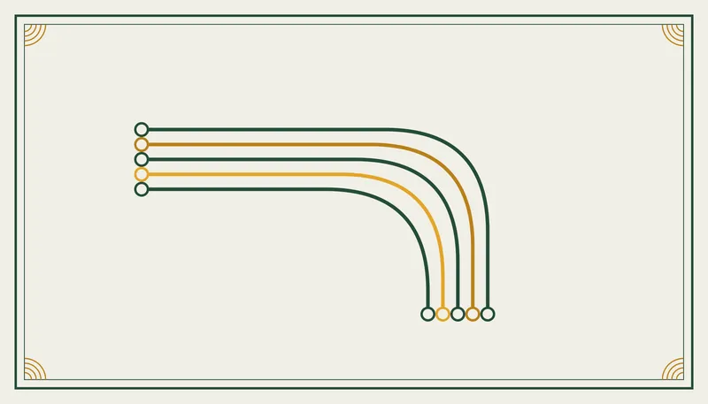 Engraved-style ornament of five thin wires bending around a corner in bottle green and marigold Engraved-style ornament of five thin wires bending around a corner in bottle green and marigold, the title plate for the thermostat wiring explainer