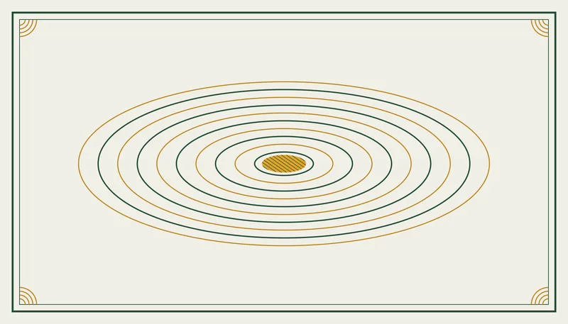 Engraved-style ornament of concentric ripples around a marigold drop in bottle green and marigold Engraved-style ornament of concentric ripples around a marigold drop in bottle green and marigold, the title plate for the toilet fill valve explainer