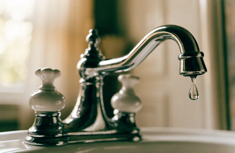 A chrome two-handle bathroom faucet with a drop of water hanging from the spout