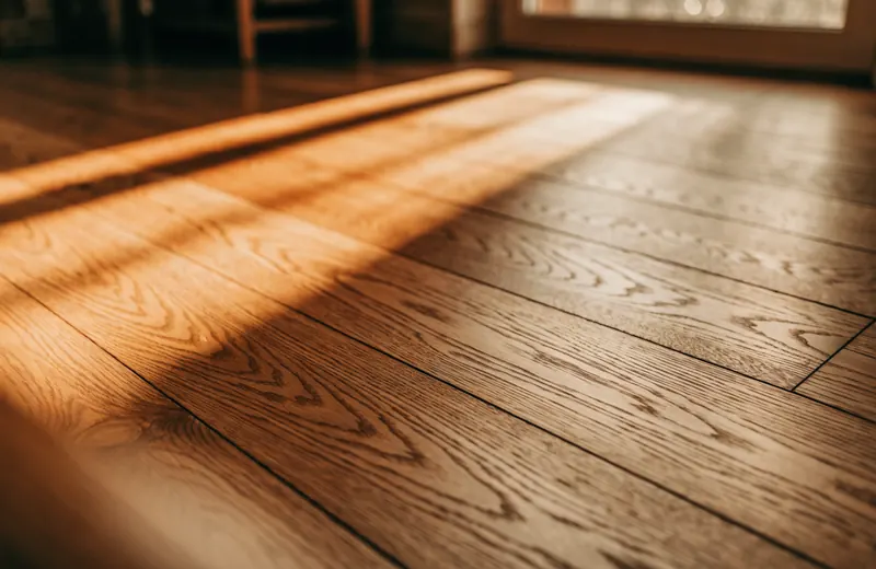 Oak floorboards with small seasonal gaps between them in low winter sunlight Oak floorboards with small seasonal gaps between them in low winter sunlight