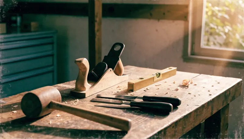 An old wooden workbench with hand tools An old wooden workbench with hand tools, a wooden mallet and a brass level in low afternoon light